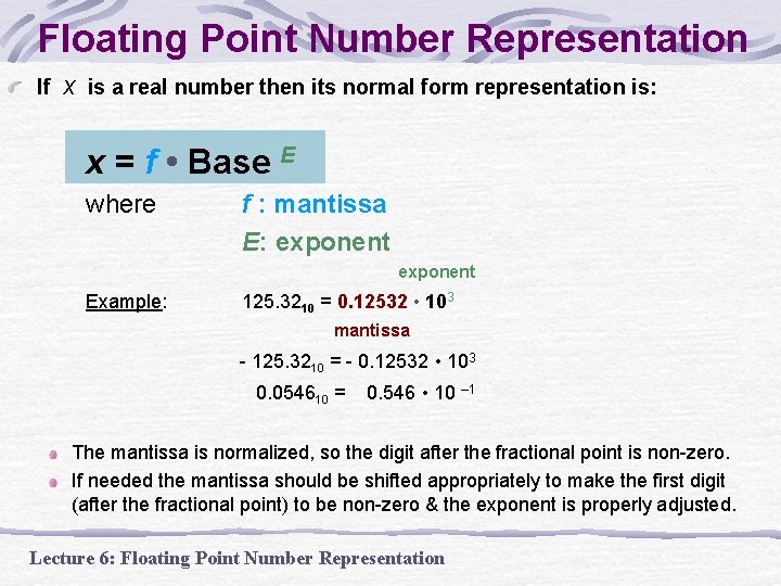 Floating Point Number Representation If x is a real number then its normal form