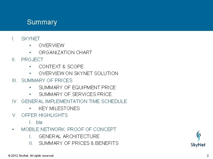 Summary I. SKYNET • OVERVIEW • ORGANIZATION CHART II. PROJECT • CONTEXT & SCOPE