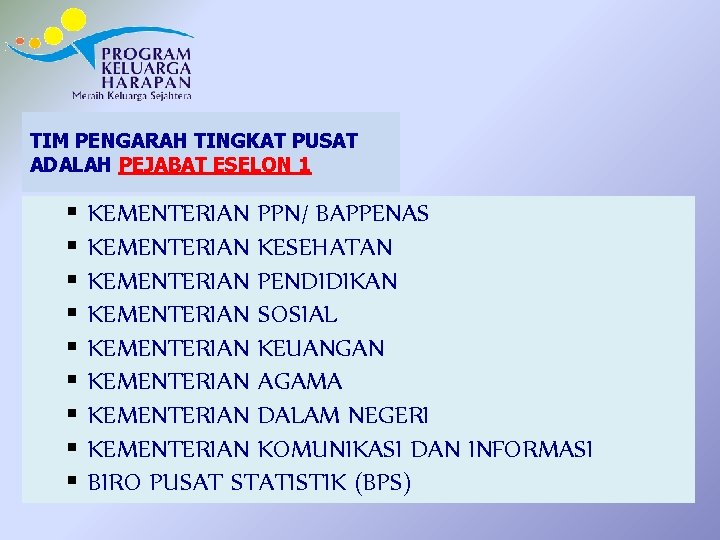 TIM PENGARAH TINGKAT PUSAT ADALAH PEJABAT ESELON 1 § § § § § KEMENTERIAN