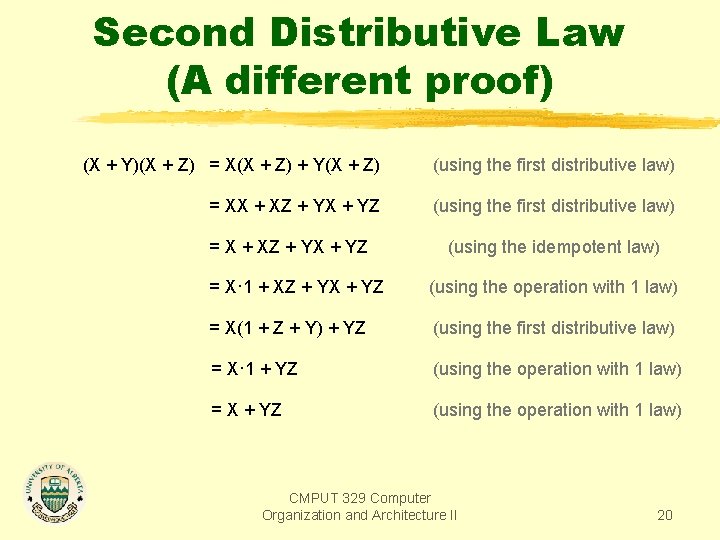 Second Distributive Law (A different proof) (X + Y)(X + Z) = X(X +