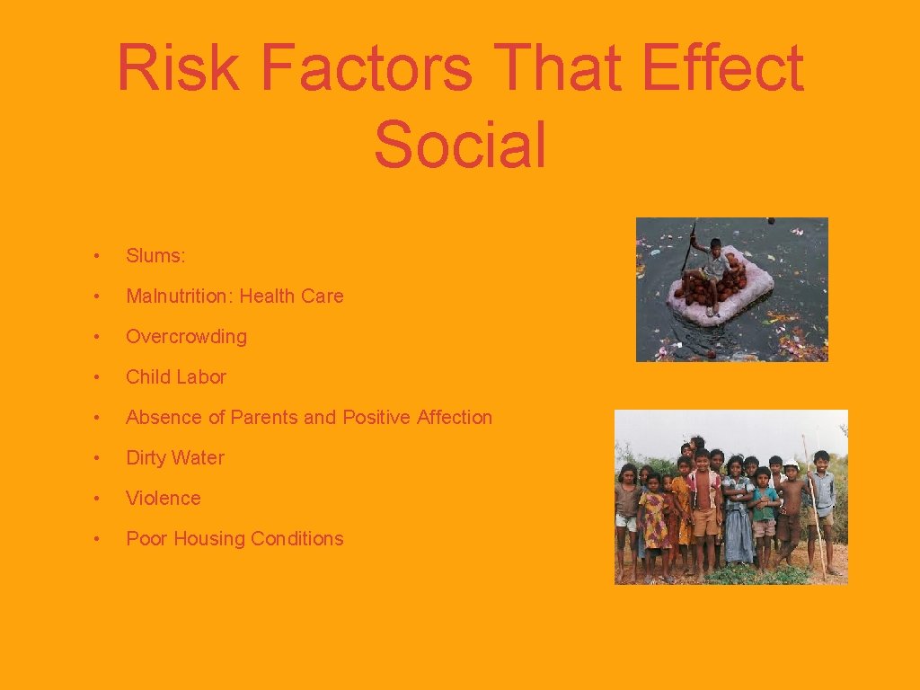 Risk Factors That Effect Social • Slums: • Malnutrition: Health Care • Overcrowding •