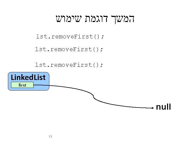  המשך דוגמת שימוש lst. remove. First(); Linked. List first null 13 