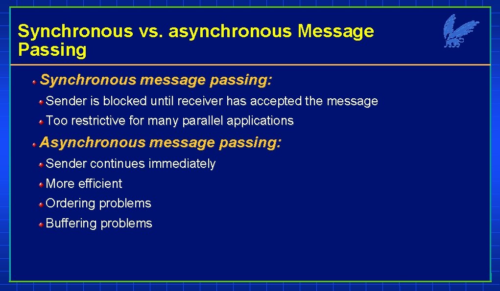 Synchronous vs. asynchronous Message Passing Synchronous message passing: Sender is blocked until receiver has