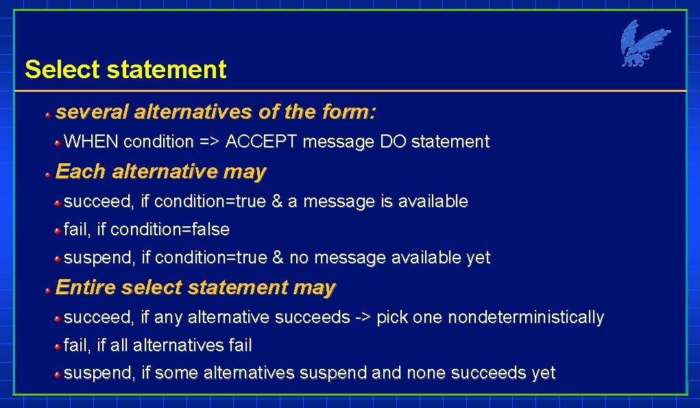 Select statement several alternatives of the form: WHEN condition => ACCEPT message DO statement