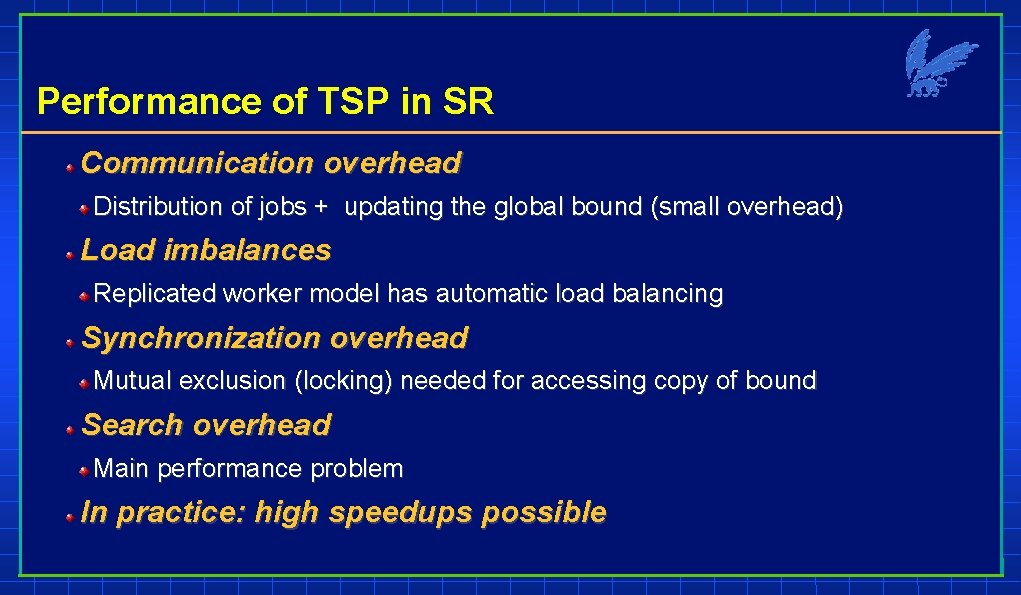 Performance of TSP in SR Communication overhead Distribution of jobs + updating the global
