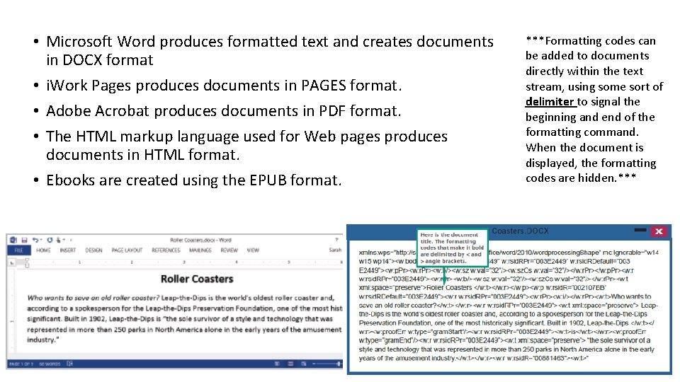  • Microsoft Word produces formatted text and creates documents in DOCX format •