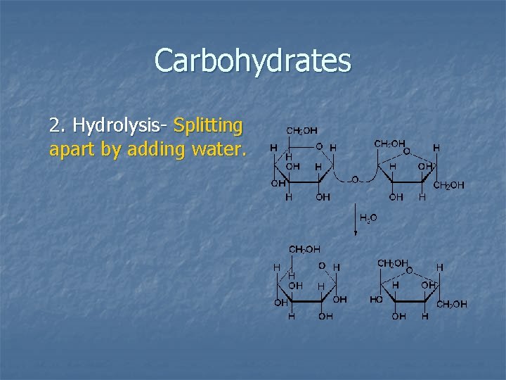 Carbohydrates 2. Hydrolysis- Splitting apart by adding water. 