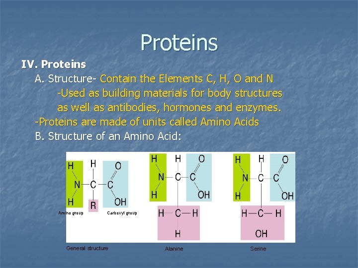 Proteins IV. Proteins A. Structure- Contain the Elements C, H, O and N -Used