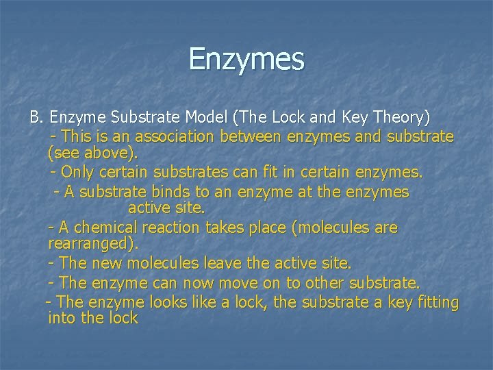 Enzymes B. Enzyme Substrate Model (The Lock and Key Theory) - This is an