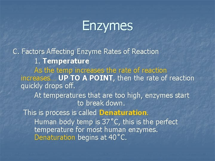 Enzymes C. Factors Affecting Enzyme Rates of Reaction 1. Temperature As the temp increases