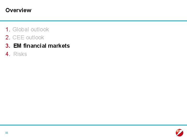 Overview 1. 2. 3. 4. Global outlook CEE outlook EM financial markets Risks 22