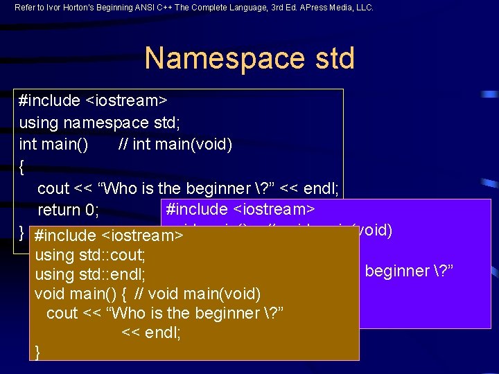Refer to Ivor Horton’s Beginning ANSI C++ The Complete Language, 3 rd Ed. APress Refer to Ivor Horton’s Beginning ANSI C++ The Complete Language, 3 rd Ed. APress