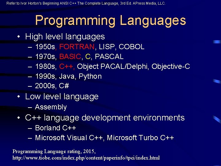Refer to Ivor Horton’s Beginning ANSI C++ The Complete Language, 3 rd Ed. APress Refer to Ivor Horton’s Beginning ANSI C++ The Complete Language, 3 rd Ed. APress