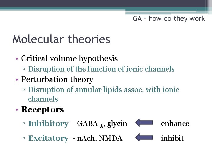 GA – how do they work Molecular theories • Critical volume hypothesis ▫ Disruption