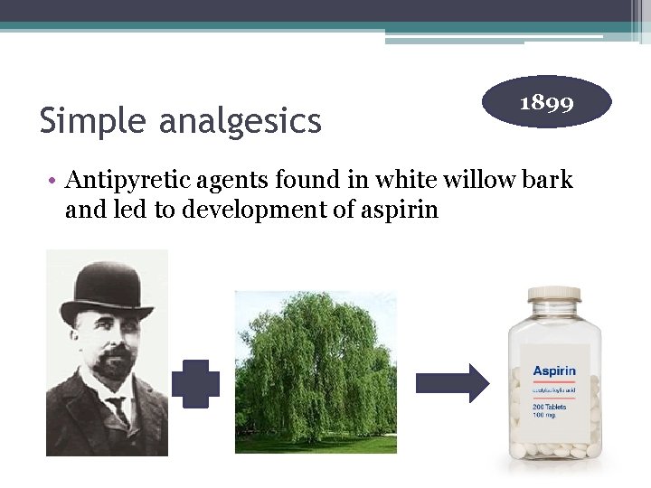 Simple analgesics 1899 • Antipyretic agents found in white willow bark and led to