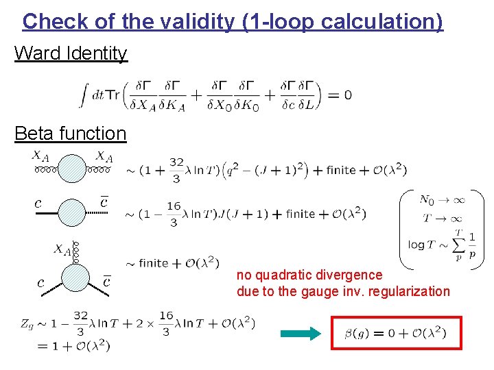 Check of the validity (1 -loop calculation) Ward Identity Beta function no quadratic divergence