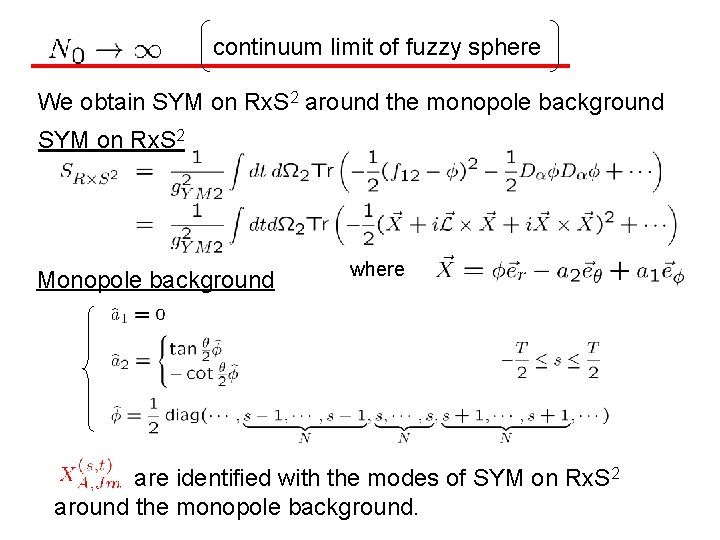 continuum limit of fuzzy sphere We obtain SYM on Rx. S 2 around the