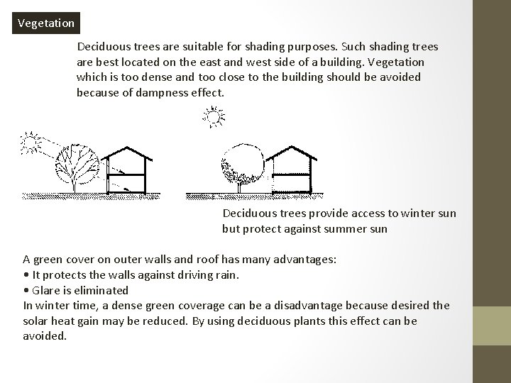 Vegetation Deciduous trees are suitable for shading purposes. Such shading trees are best located