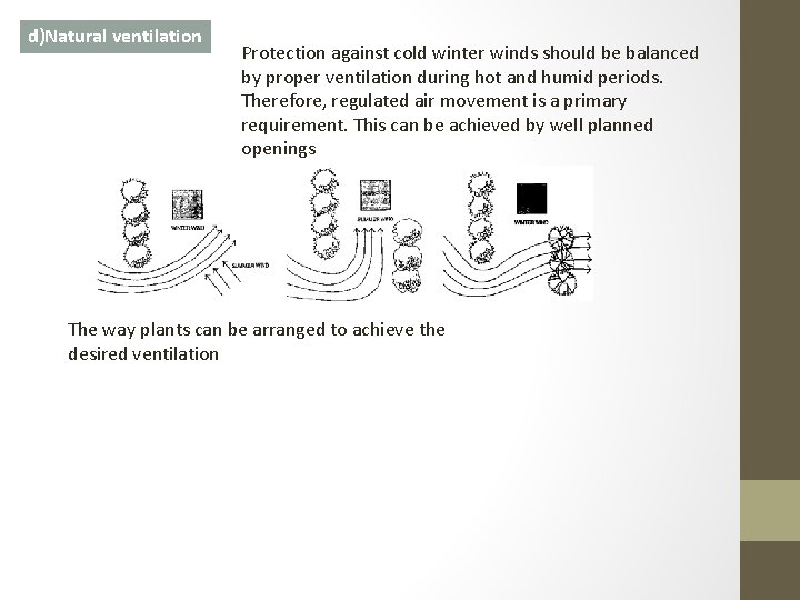 d)Natural ventilation Protection against cold winter winds should be balanced by proper ventilation during