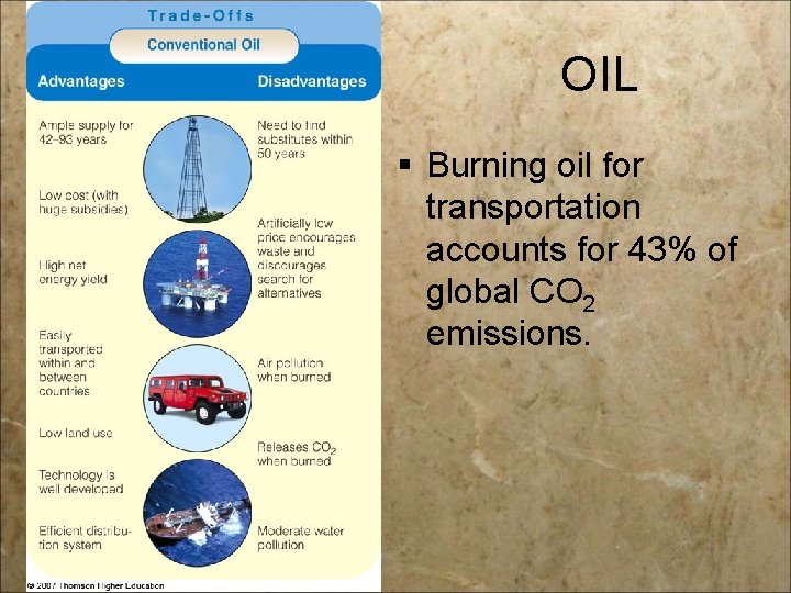 OIL § Burning oil for transportation accounts for 43% of global CO 2 emissions.