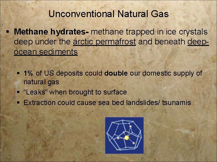 Unconventional Natural Gas § Methane hydrates- methane trapped in ice crystals deep under the