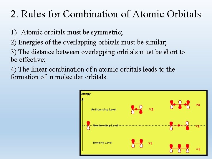2. Rules for Combination of Atomic Orbitals 1) Atomic orbitals must be symmetric; 2)