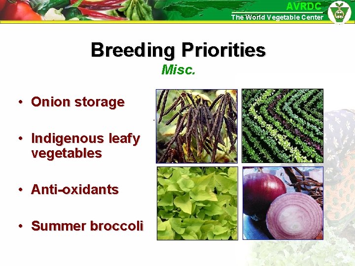 AVRDC The World Vegetable Center Breeding Priorities Misc. • Onion storage • Indigenous leafy