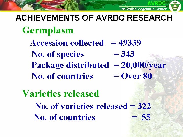 AVRDC The World Vegetable Center ACHIEVEMENTS OF AVRDC RESEARCH Germplasm Accession collected = 49339