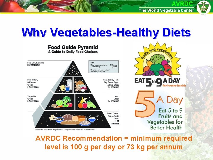 AVRDC The World Vegetable Center Why Vegetables-Healthy Diets AVRDC Recommendation = minimum required level