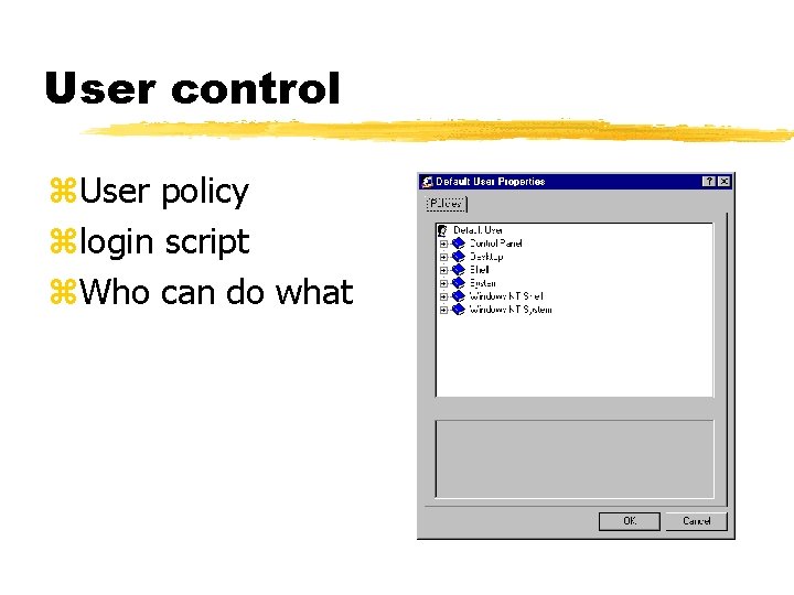 User control z. User policy zlogin script z. Who can do what 