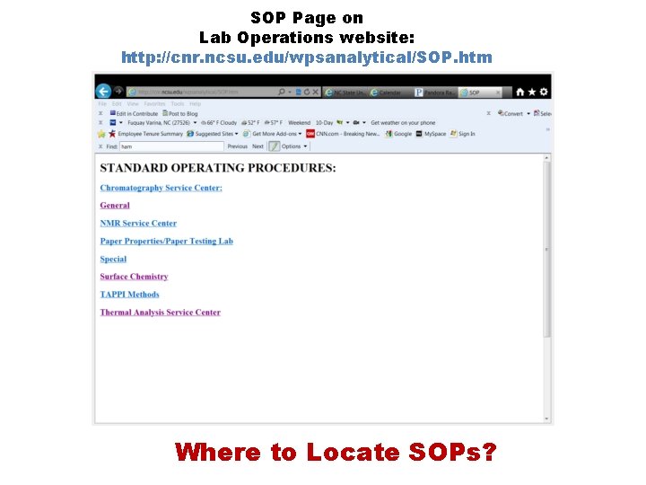 SOP Page on Lab Operations website: http: //cnr. ncsu. edu/wpsanalytical/SOP. htm Where to Locate