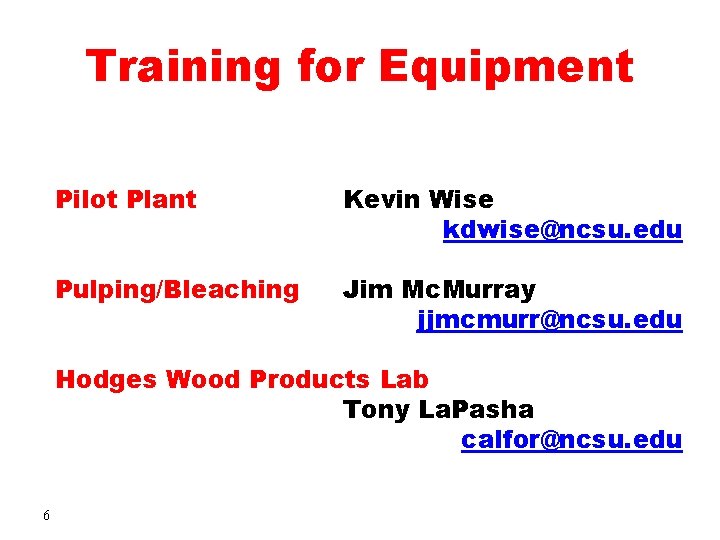 Training for Equipment Pilot Plant Kevin Wise kdwise@ncsu. edu Pulping/Bleaching Jim Mc. Murray jjmcmurr@ncsu.