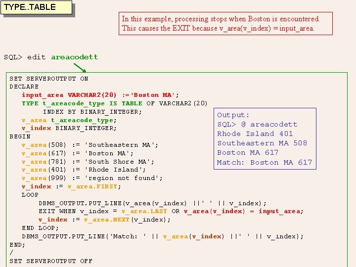 TYPE. . TABLE In this example, processing stops when Boston is encountered. This causes