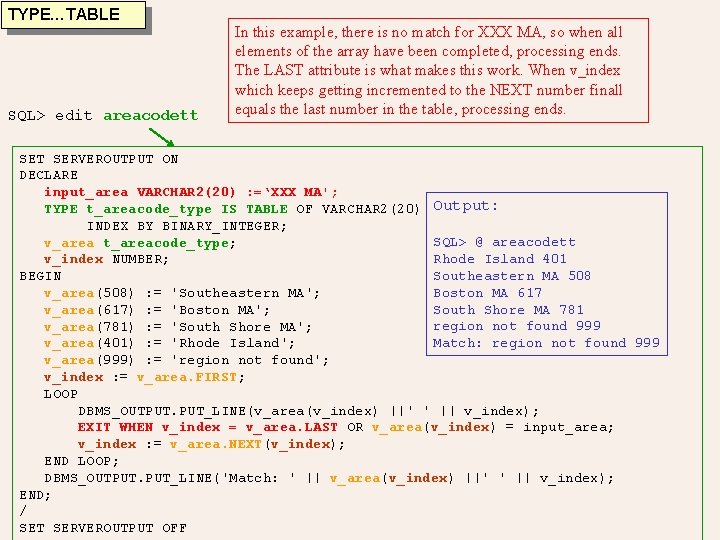 TYPE…TABLE SQL> edit areacodett In this example, there is no match for XXX MA, TYPE…TABLE SQL> edit areacodett In this example, there is no match for XXX MA,