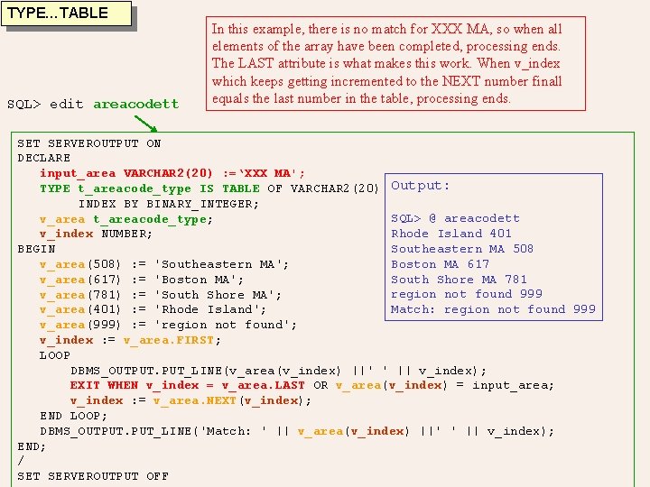 TYPE…TABLE SQL> edit areacodett In this example, there is no match for XXX MA,