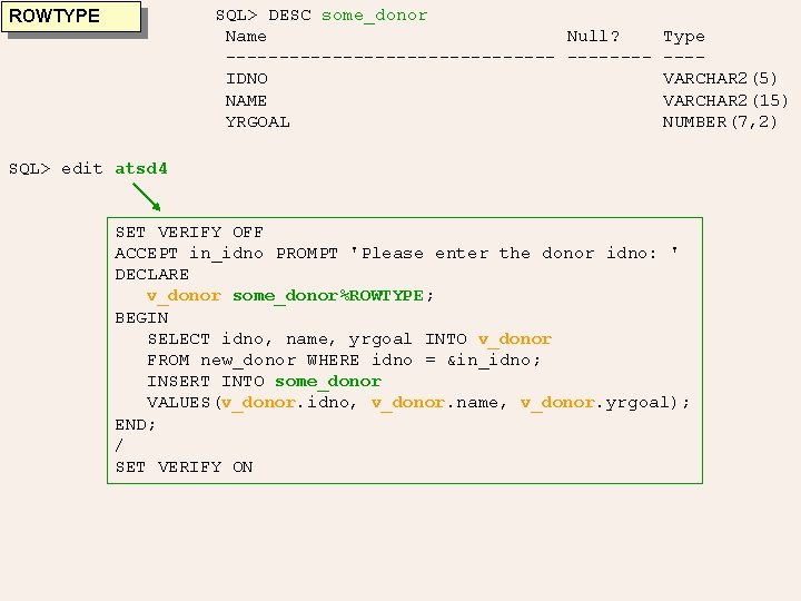 SQL> DESC some_donor Name Null? ----------------IDNO NAME YRGOAL ROWTYPE Type ---VARCHAR 2(5) VARCHAR 2(15)