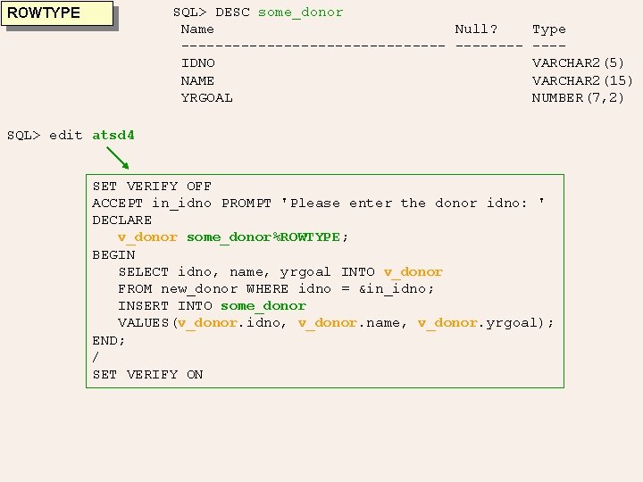 SQL> DESC some_donor Name Null? ----------------IDNO NAME YRGOAL ROWTYPE Type ---VARCHAR 2(5) VARCHAR 2(15) SQL> DESC some_donor Name Null? ----------------IDNO NAME YRGOAL ROWTYPE Type ---VARCHAR 2(5) VARCHAR 2(15)