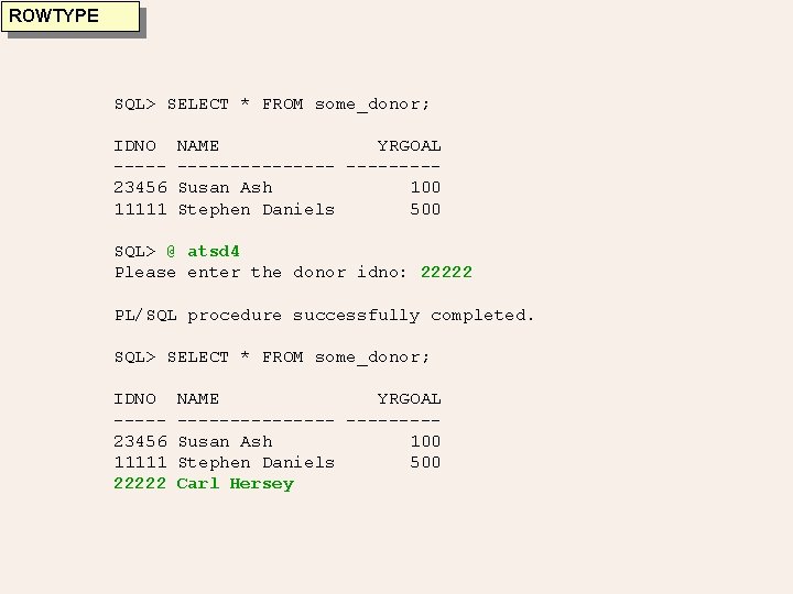 ROWTYPE SQL> SELECT * FROM some_donor; IDNO ----23456 11111 NAME YRGOAL --------Susan Ash 100 ROWTYPE SQL> SELECT * FROM some_donor; IDNO ----23456 11111 NAME YRGOAL --------Susan Ash 100