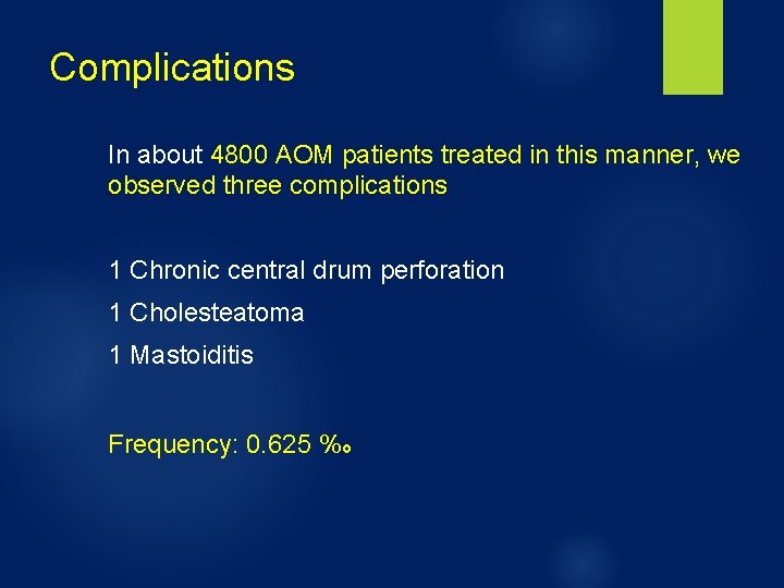 Complications In about 4800 AOM patients treated in this manner, we observed three complications