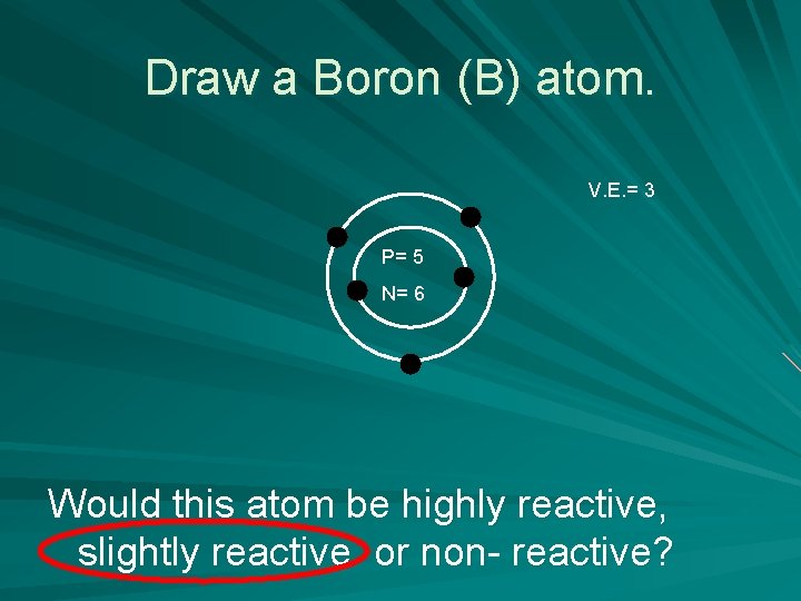 Draw a Boron (B) atom. V. E. = 3 P= 5 N= 6 Would