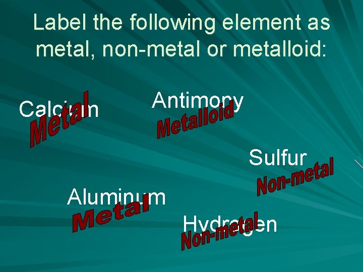 Label the following element as metal, non-metal or metalloid: Calcium Antimony Sulfur Aluminum Hydrogen