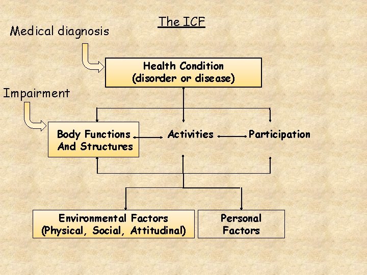 The ICF Medical diagnosis Impairment Health Condition (disorder or disease) Body Functions And Structures
