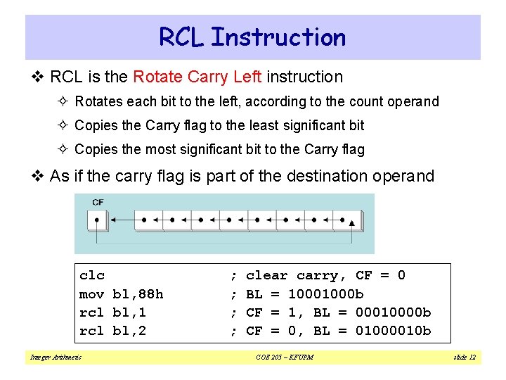 RCL Instruction v RCL is the Rotate Carry Left instruction ² Rotates each bit