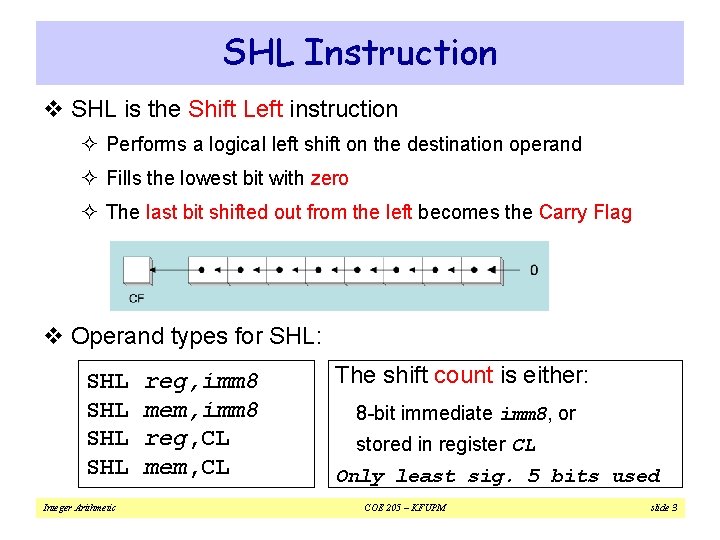 SHL Instruction v SHL is the Shift Left instruction ² Performs a logical left