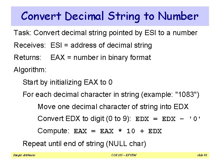 Convert Decimal String to Number Task: Convert decimal string pointed by ESI to a