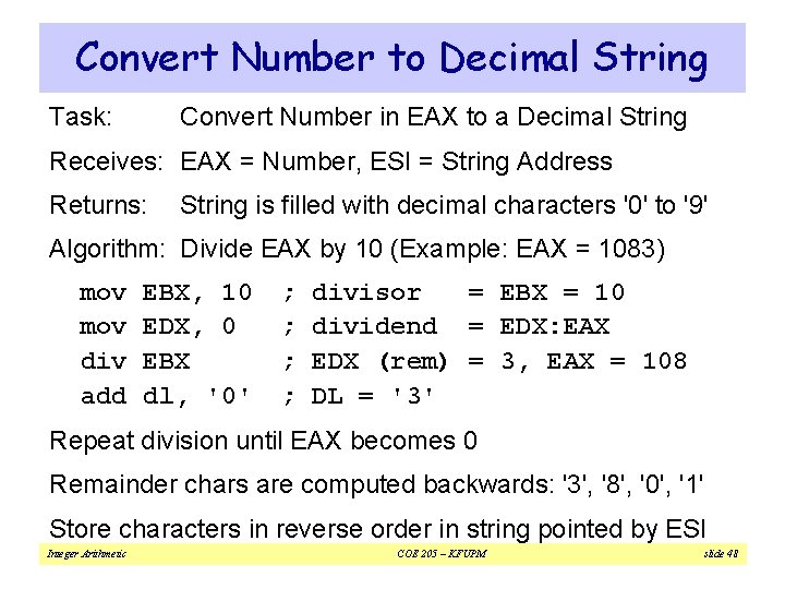 Convert Number to Decimal String Task: Convert Number in EAX to a Decimal String