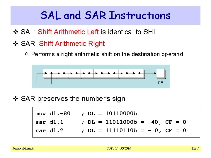 SAL and SAR Instructions v SAL: Shift Arithmetic Left is identical to SHL v