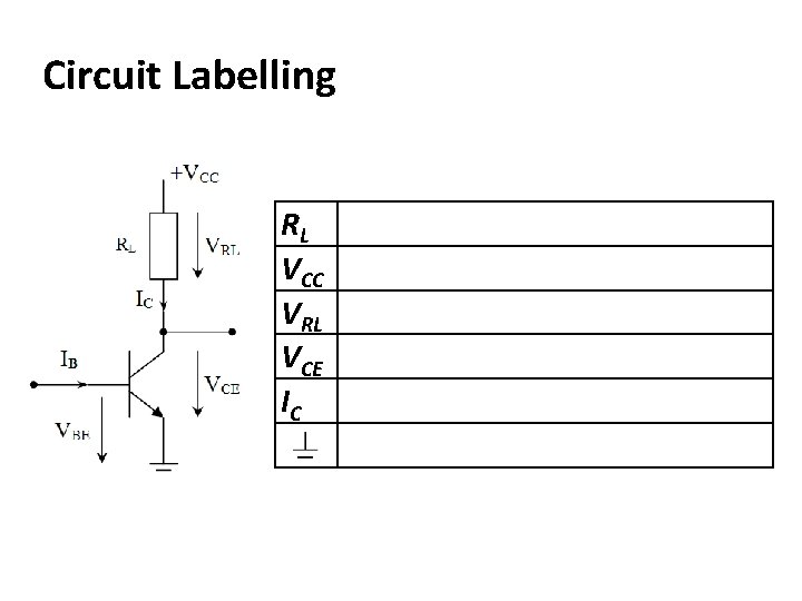Circuit Labelling RL VCC VRL VCE IC load resistance supply voltage drop across load
