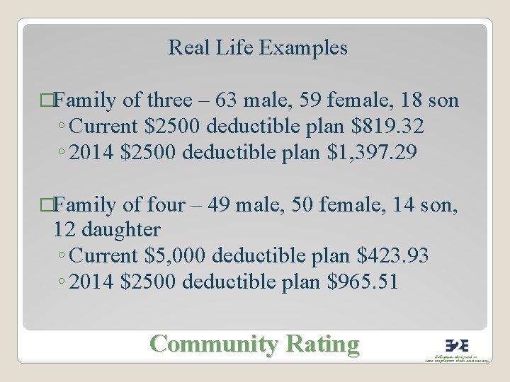 Real Life Examples �Family of three – 63 male, 59 female, 18 son ◦