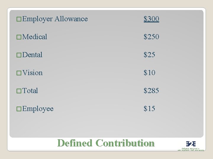 �Employer Allowance $300 �Medical $250 �Dental $25 �Vision $10 �Total $285 �Employee $15 Defined